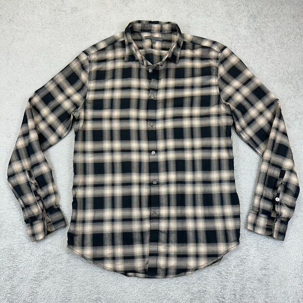 John Varvatos Button Down Dress Shirt Plaid Black Cotton Long Sleeve Mens Medium